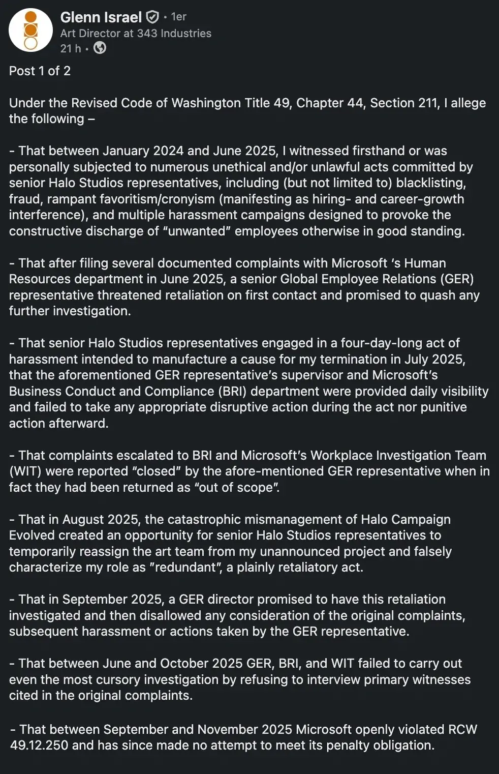 Former Halo Studios art director levels serious allegations against Halo Studios